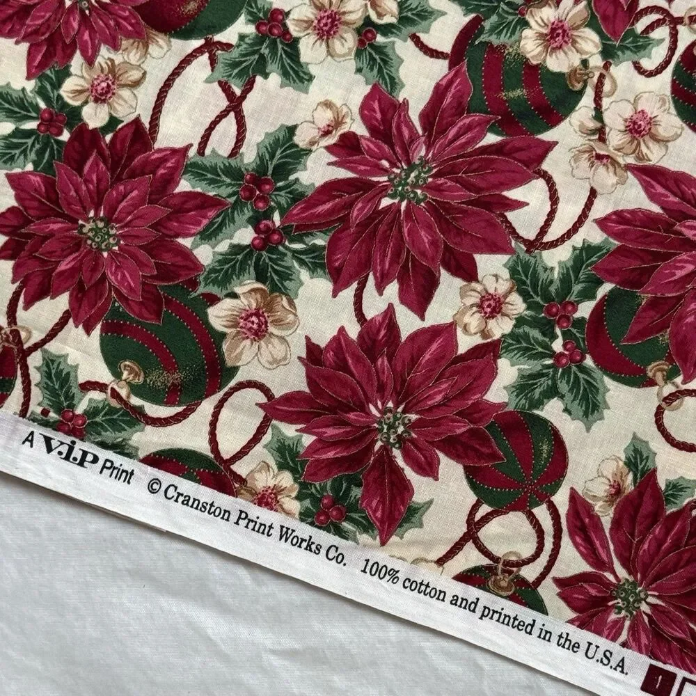 Christmas Poinsettia Ornaments Fabric Cranston Multicolor Metallic Gold Remnant